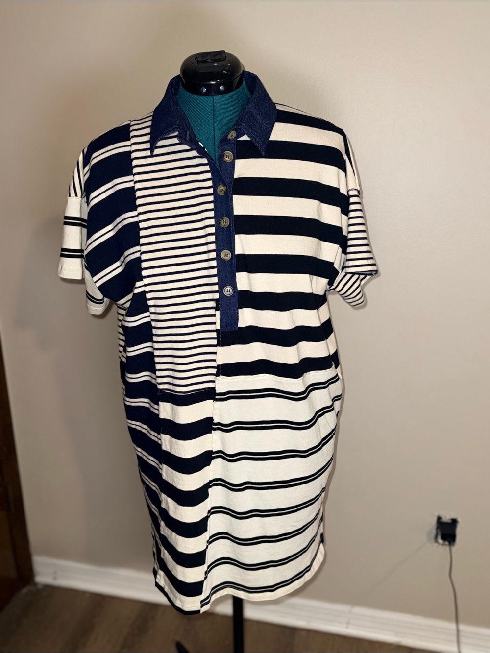Sky to Moon dark navy Stripe Half Placket Polo T-Shirt Dress size Small - Picture 4 of 12